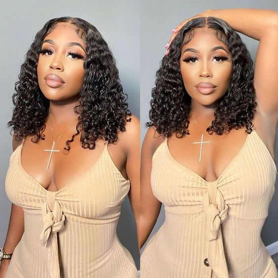 VIPbeauty Short Curly Bob Wigs Human Hair 13x4 Transparent Lace Front Wigs