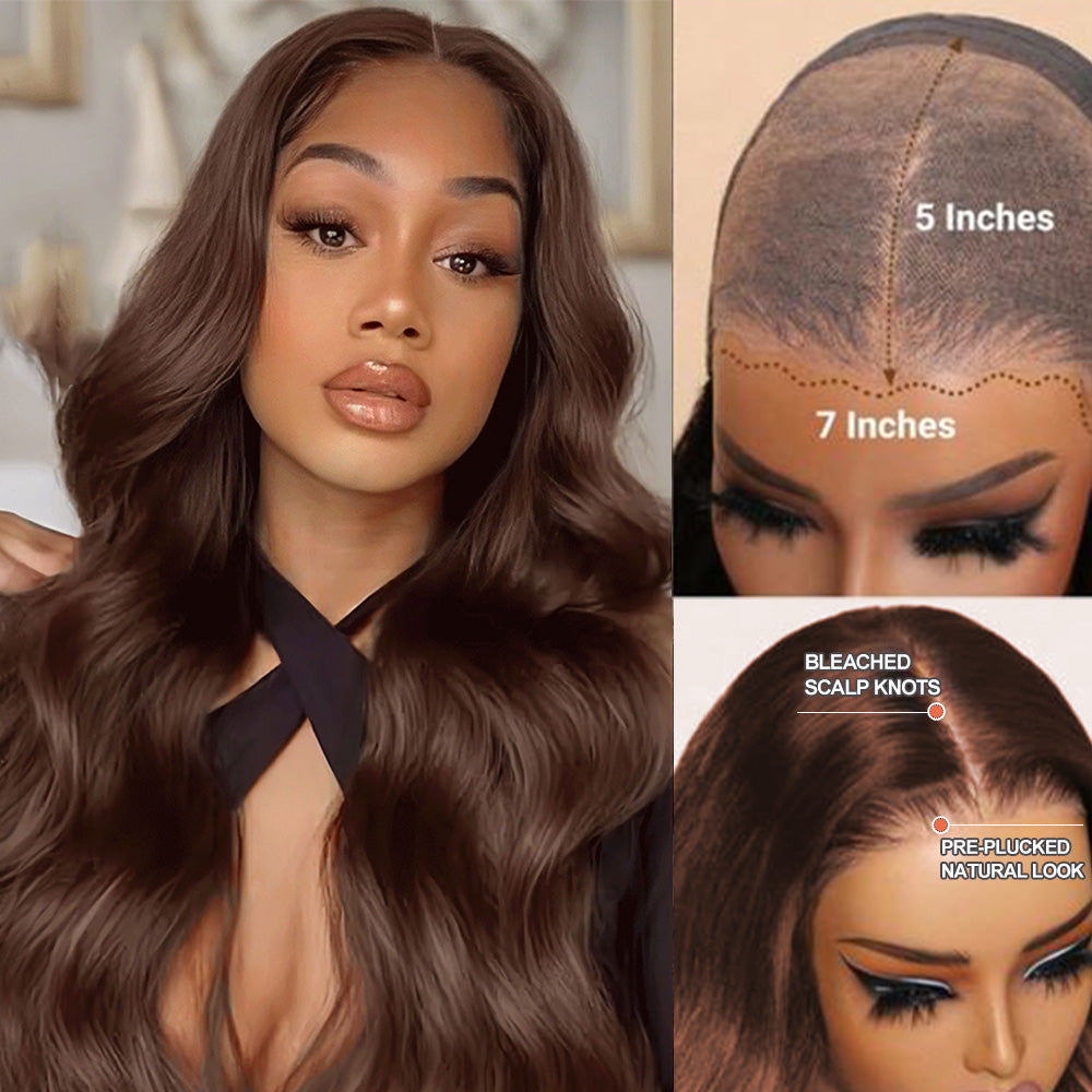 VIPbeauty 7x5 Wear Go Glueless Wigs Chocolate Brown Body Wave Bleached Knots Lace Frontal Wig