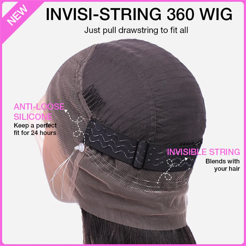 VIPbeauty Water Wave Flexi-Fit Invisi Drawstring Cap 360 Lace Long Curly Human Hair Wig
