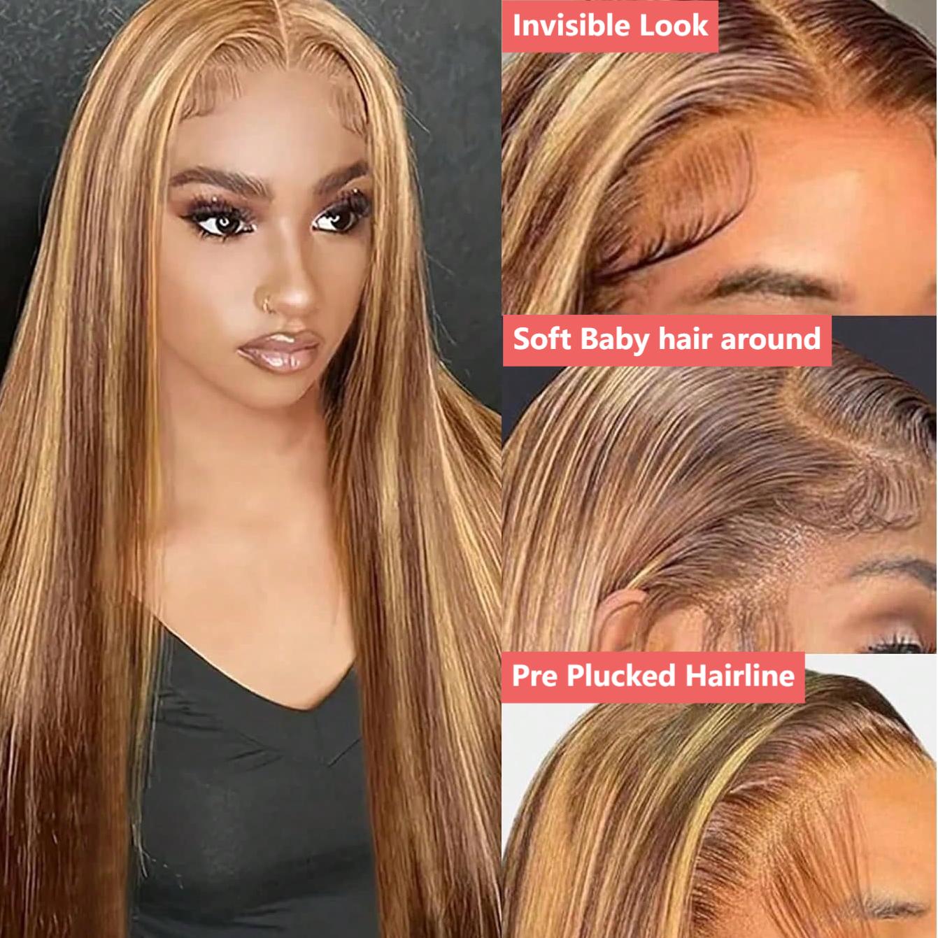 VIPbeauty Highlights Lace Frontal Wig Transparent Straight Human Hair Wigs P4/27 Color