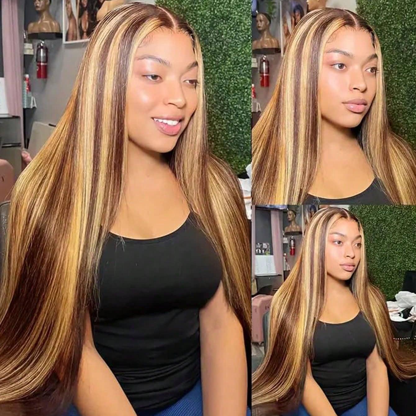 VIPbeauty Highlights Lace Frontal Wig Transparent Straight Human Hair Wigs P4/27 Color