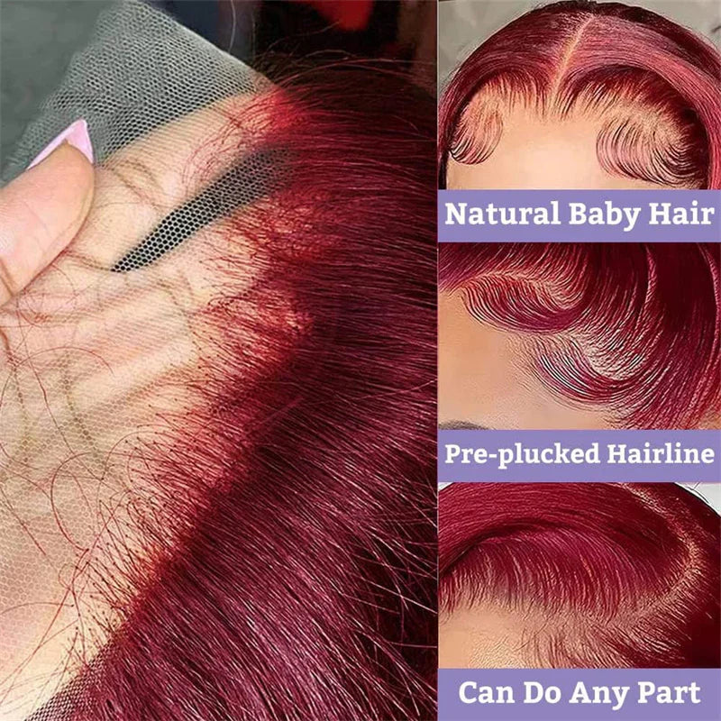 VIPbeauty 99J Burgundy Body Wave 13x4 13x6 Lace Frontal Human Hair Wigs Deep Parting Colored Wig