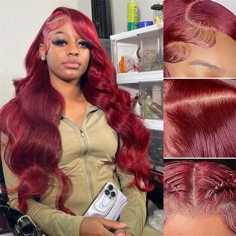 VIPbeauty 99J Burgundy Body Wave 13x4 13x6 Lace Frontal Human Hair Wigs Deep Parting Colored Wig