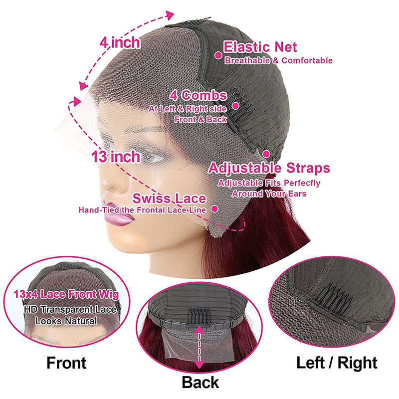 VIPbeauty 99J Burgundy 13x4 Lace Front Wigs Transparent Colored Straight Human Hair Wig