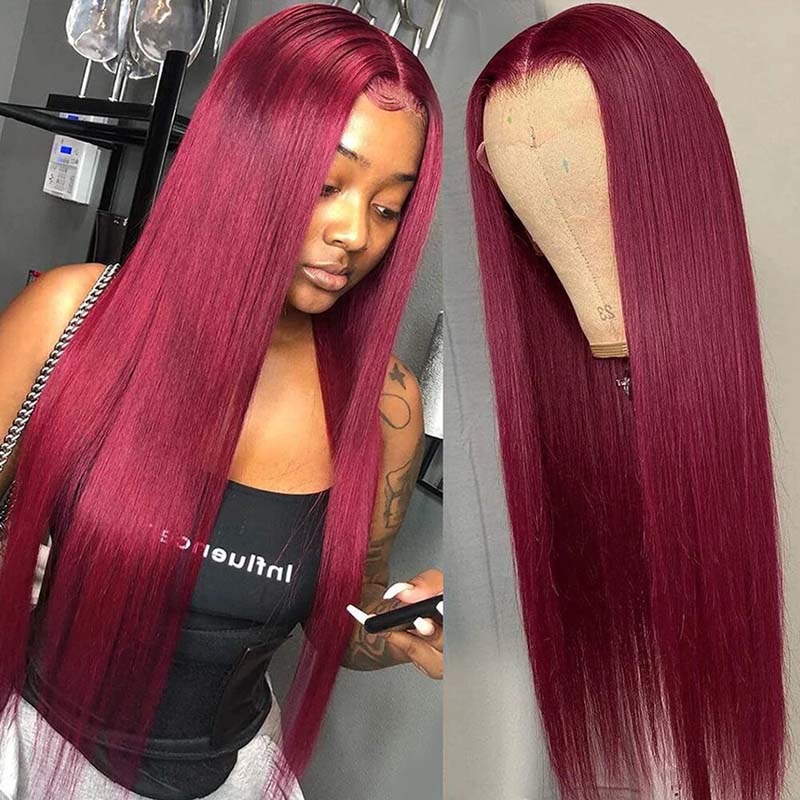 VIPbeauty 99J Burgundy 13x4 Lace Front Wigs Transparent Colored Straight Human Hair Wig