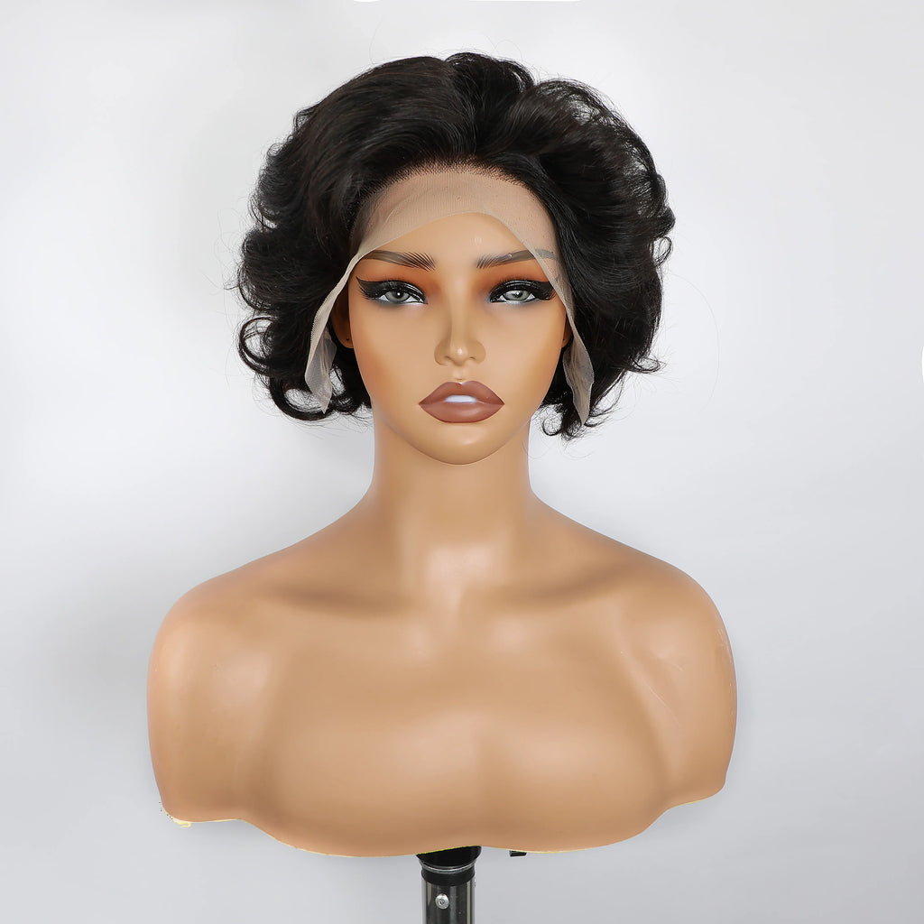 Pixie Cut Wig 13x4 Transparent Lace Human Hair Pixie Wigs Loose Wavy 150% Density