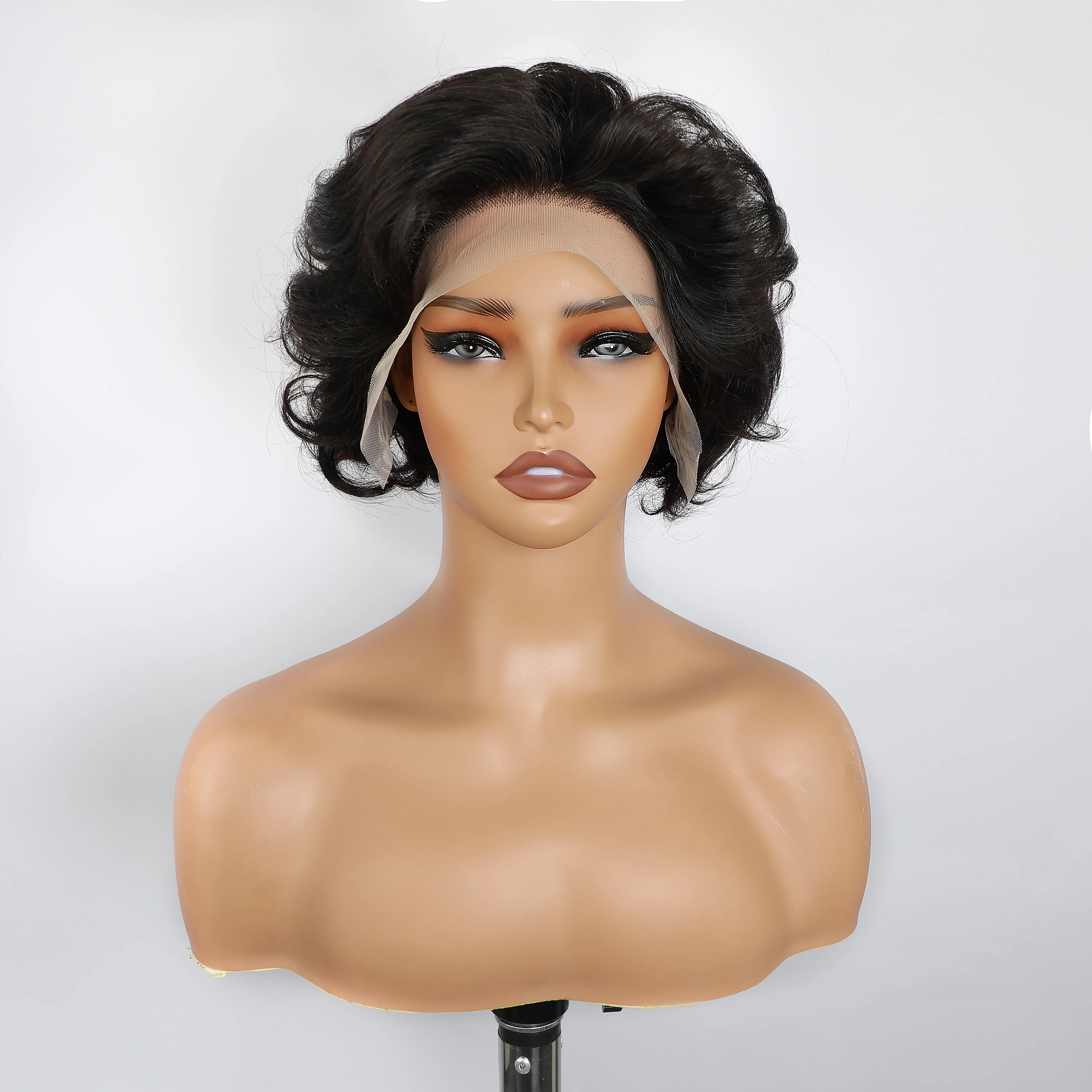 Pixie Cut Wig 13x4 Transparent Lace Human Hair Pixie Wigs Loose Wavy 150% Density