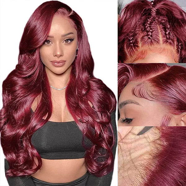 VIPbeauty 99J Burgundy Body Wave 13x4 13x6 Lace Frontal Human Hair Wigs Deep Parting Colored Wig
