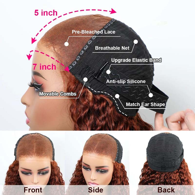 VIPbeauty 7x5 Glueless Wig Reddish Brown Deep Curly Wear Go Lace Closure Wigs 180%
