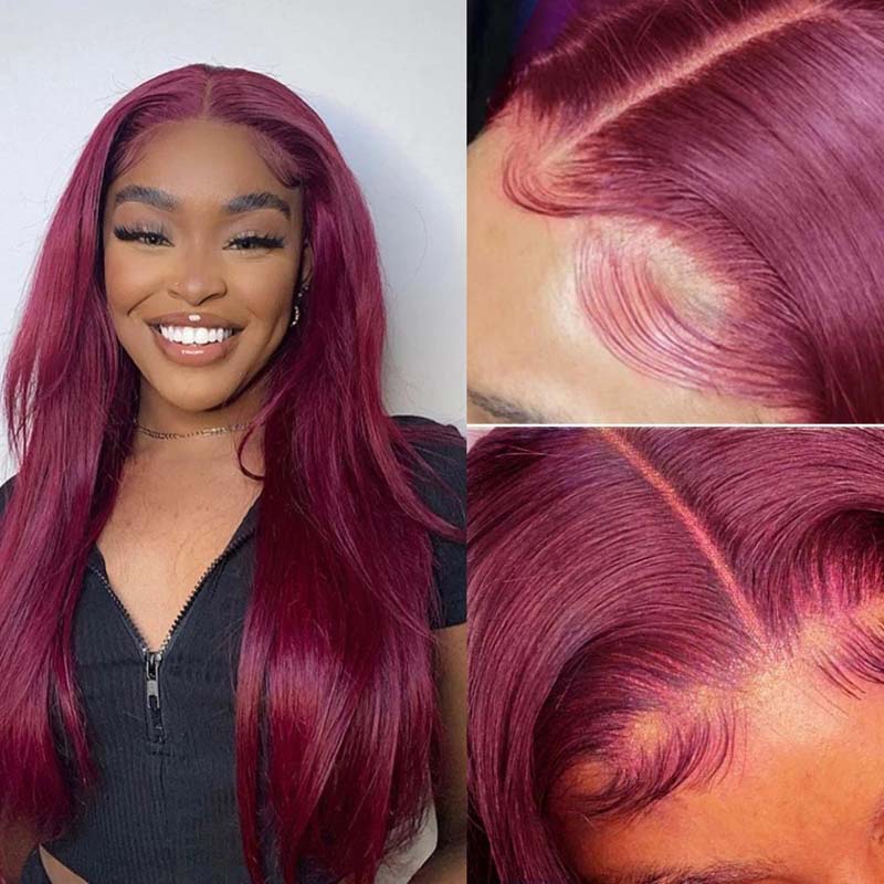 VIPbeauty 99J Burgundy 13x4 Lace Front Wigs Transparent Colored Straight Human Hair Wig