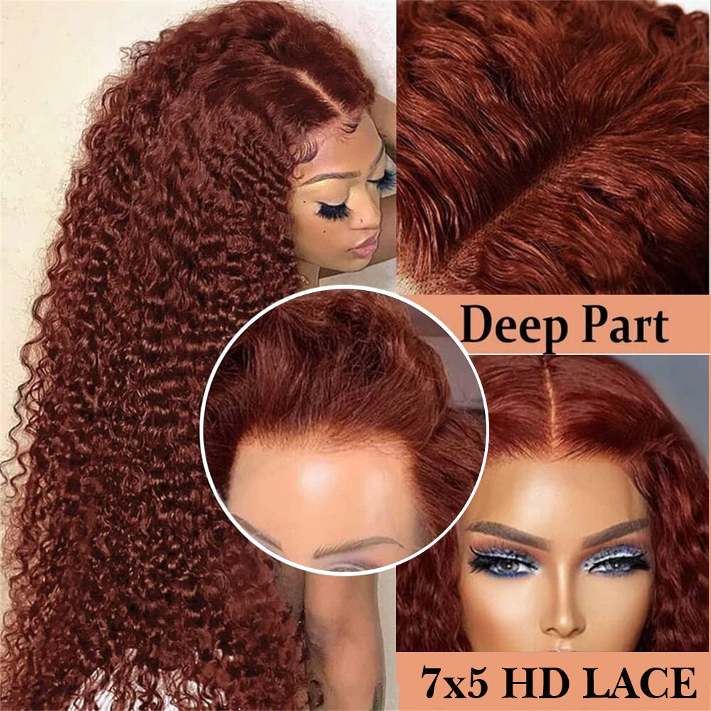 VIPbeauty 7x5 Glueless Wig Reddish Brown Deep Curly Wear Go Lace Closure Wigs 180%