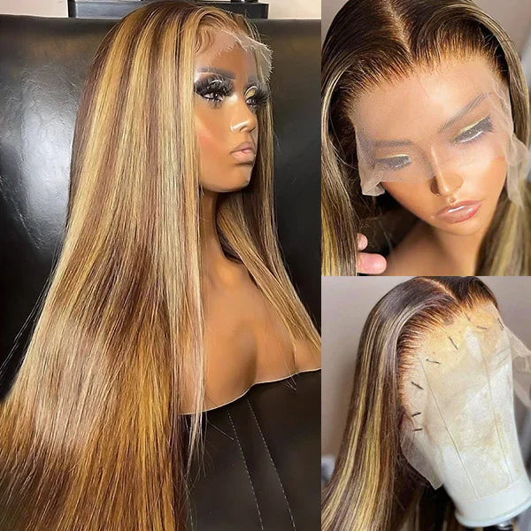 VIPbeauty Highlights Lace Frontal Wig Transparent Straight Human Hair Wigs P4/27 Color