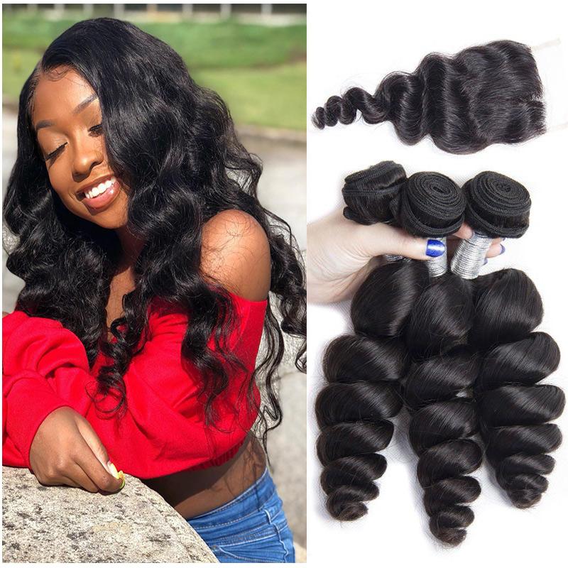 Brazilian Loose Wave Virgin Hair 3 Bundles With 4x4 Lace Closure 100% Human Hair