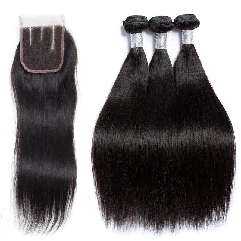 Brazilian Bone Straight Human Hair 3 Bundles With Lace Closure