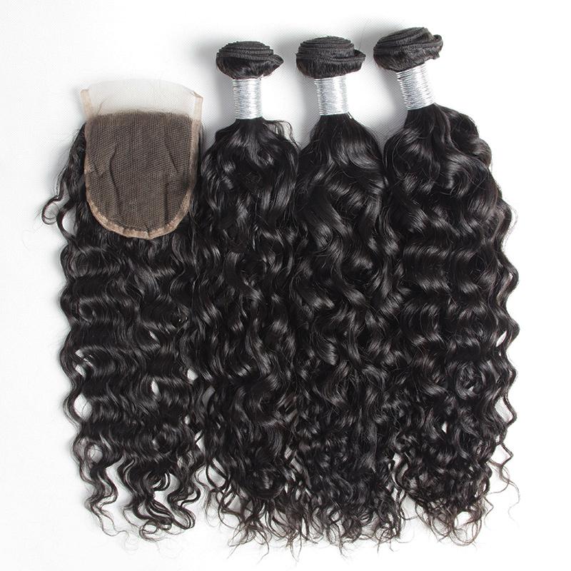 Wet And Wavy Hair Water Wave Virgin Hair 3 Bundles With 4x4 Lace Closure Human Hair