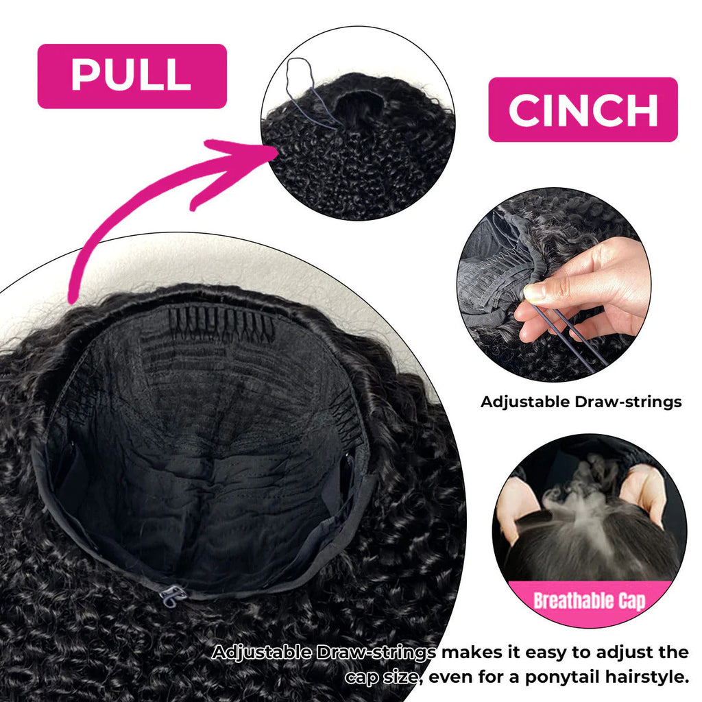 VIPbeauty Coily Curly Half Wig Burmese Curly Glueless Flexi-Fit Drawstring Human Hair Wigs