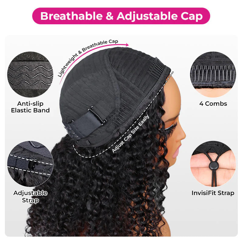 VIPbeauty Coily Curly Half Wig Burmese Curly Glueless Flexi-Fit Drawstring Human Hair Wigs