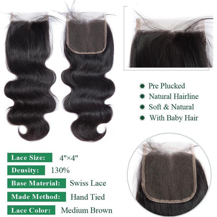 Mongolian Hair Body Wave Virgin Human Hair 3 Bundles With Lace Closure