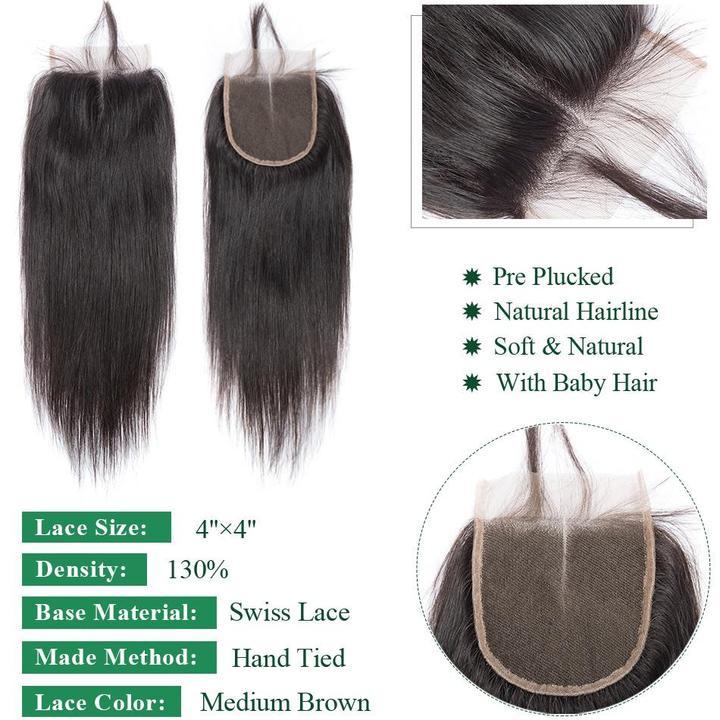 Brazilian Bone Straight Human Hair 3 Bundles With Lace Closure
