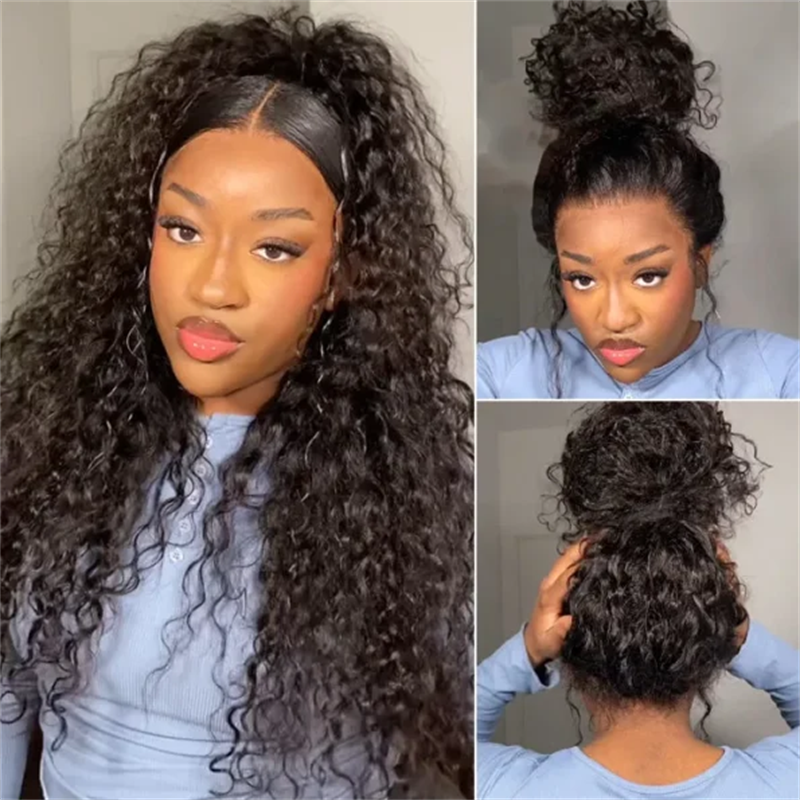 VIPbeauty Water Wave Flexi-Fit Invisi Drawstring Cap 360 Lace Long Curly Human Hair Wig