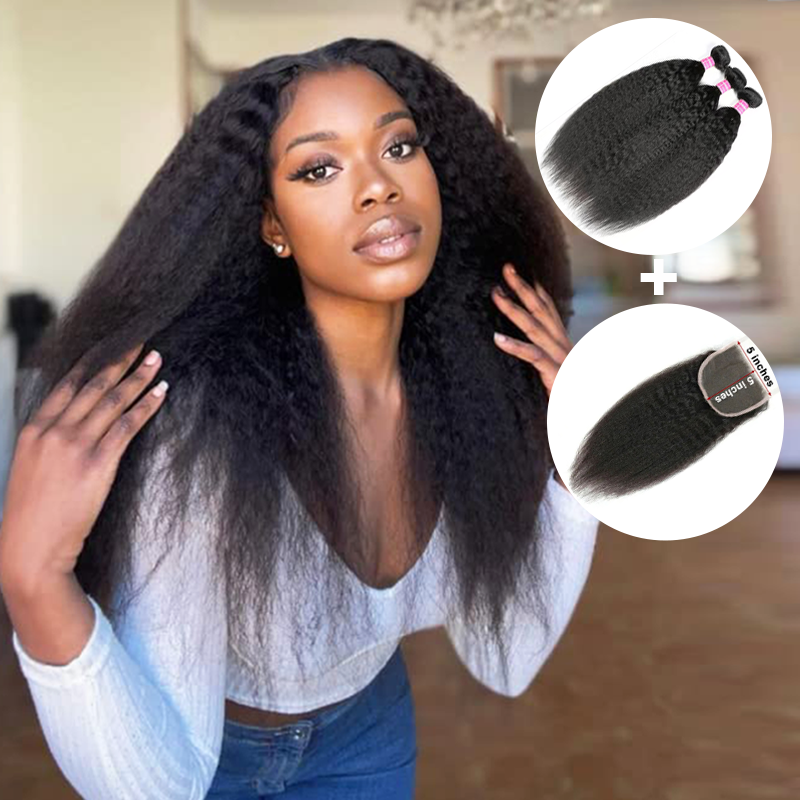 VIPbeauty Kinky Straight Human Hair Bundles With 5x5 Lace Closure