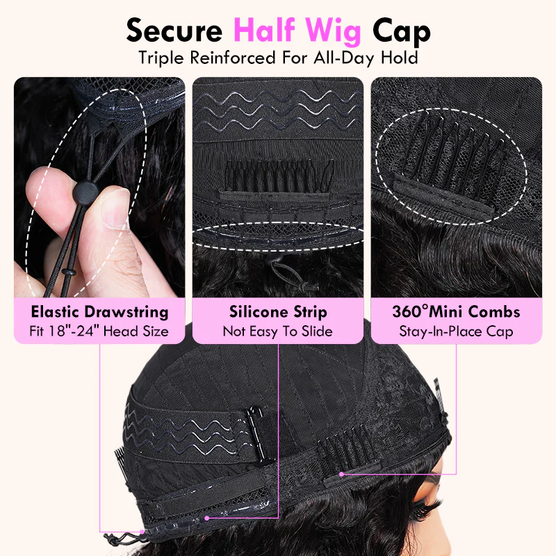 VIPbeauty 3 In 1 Half Wig Yaki Straight Glueless Flexi-Fit Drawstring Wig